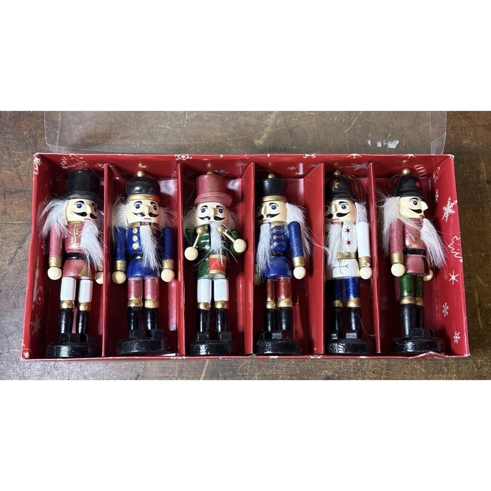 Set 6 Nutcracker Christmas Ornaments 5" Freestanding Or Hanging Wooden Work